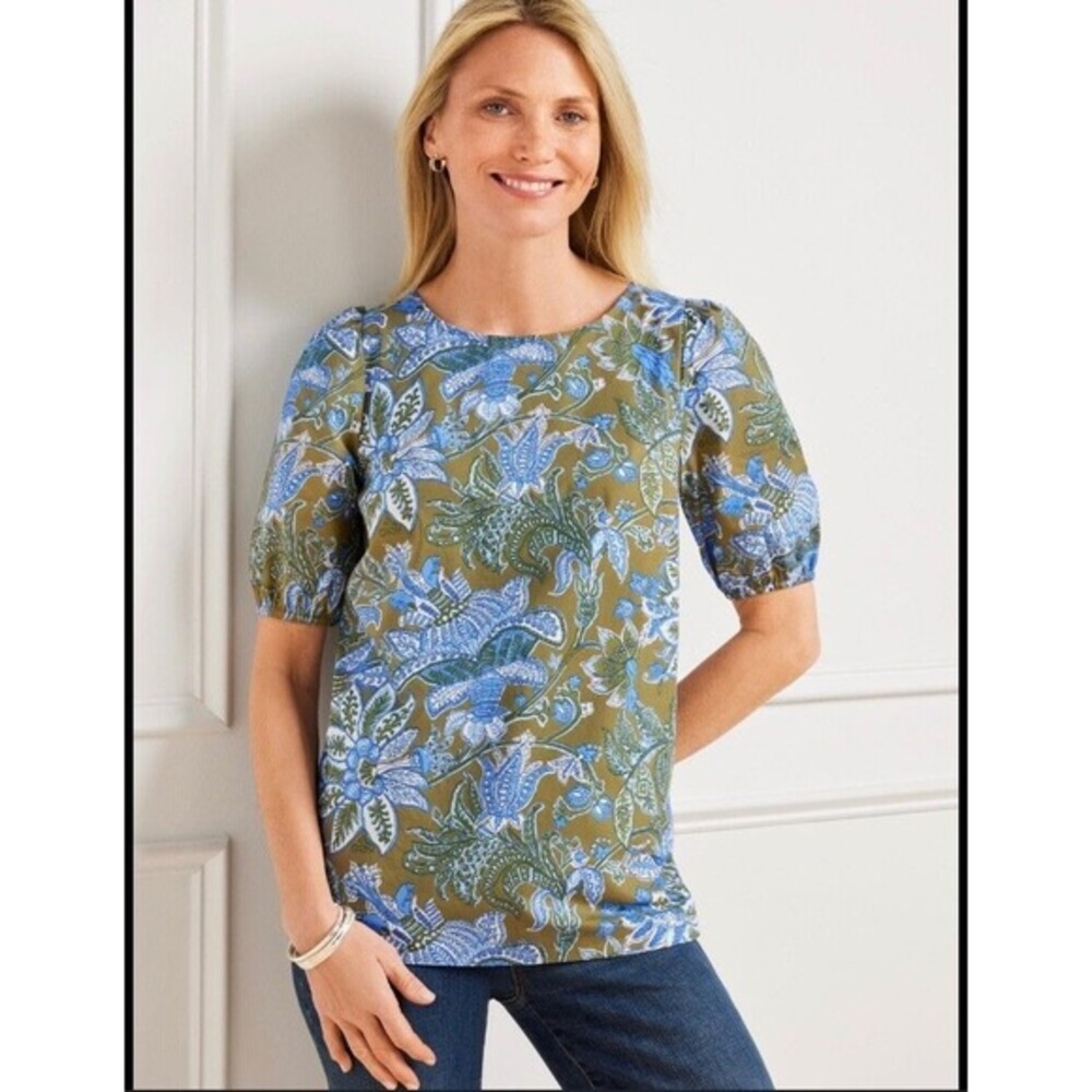 Talbots Floral Tie Back Top Olive Green Blue Floral‎ Puff Sleeve Blouse SP